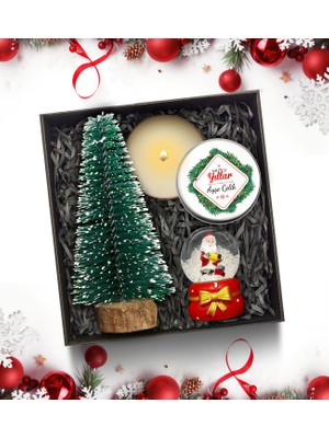 As Gift Yılbaşı Temalı Kişiye Özel Beyaz Metal Mum & Mini Çam Ağacı  & Kar Küresi Hediye