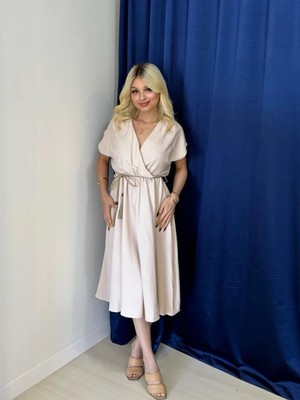 Fehu Bloom Kısa Kol Kruvaze Yaka Beli Lastikli Elbise Bej