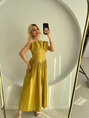 Fehu Bloom Kıvrımlı Büstiyer Yaka Midi Keten Elbise Hardal