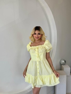 Fehu Bloom Kabarık Kol ve Düğme Detaylı  Elbise Sarı