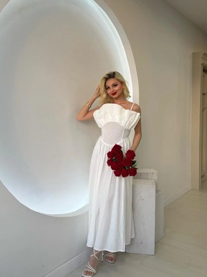 Fehu Bloom Kıvrımlı Büstiyer Yaka Midi Keten Elbise Beyaz