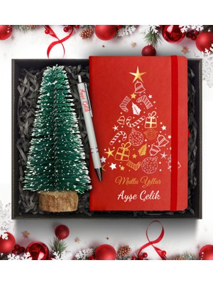 As Gift Yılbaşı Temalı Kişiye Özel Kırmızı Defter & Çam Ağacı  & Beyaz Kalem Hediye Seti