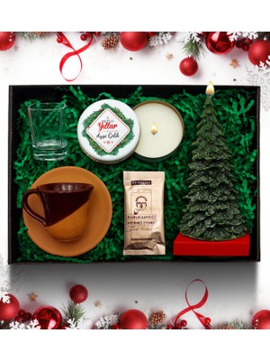 As Gift Yılbaşı Temalı Kişiye Özel Beyaz Metal Mum &  Çam Ağacı Mum & Sırlı Çömlek Fincan & Kahve Yanı Su Bardağı & Türk Kahvesi Hediye Seti