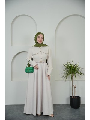 Neşeli Butik Kadın Bej Gömlek Yaka Düğmeli Kemer Detaylı Tesettür Elbise NBVQ4652