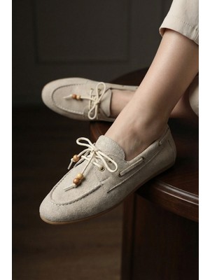 ZOE3tr Kadın Bej Süet Görünümlü Bağcıklı Günlük Düz Loafer Ayakkabı