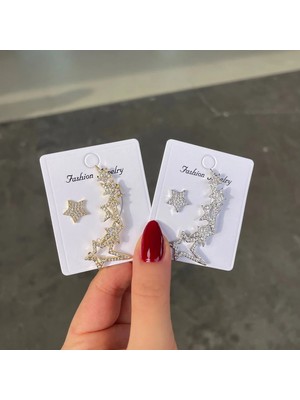 Merve Takı Altın Kaplama Yıldızlı Kıkırdak Küpe Seti