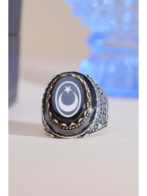 INNUENDO JEWELRY 925 Ayar Gümüş Zirkon Taşlı Ay Yıldız Motifli Erkek Yüzük