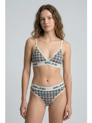Belinoplus Desenli Kadın Slip Külot ve Destekleyici Pedli Bralet Takım- Plaid Timeless