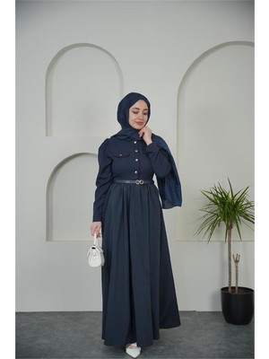 Neşeli Butik Kadın Lacivert Gömlek Yaka Düğmeli Kemer Detaylı Tesettür Elbise NBVQ4652
