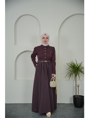 Neşeli Butik Kadın Bordo Gömlek Yaka Düğmeli Kemer Detaylı Tesettür Elbise NBVQ4652