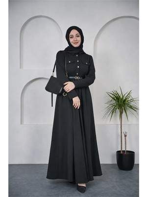 Neşeli Butik Kadın Siyah Gömlek Yaka Düğmeli Kemer Detaylı Tesettür Elbise NBVQ4652