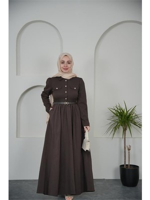 Neşeli Butik Kadın Kahverengi Gömlek Yaka Düğmeli Kemer Detaylı Tesettür Elbise NBVQ4652