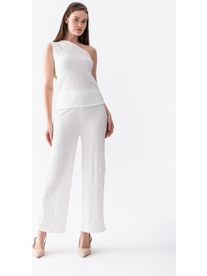 Wega Moda Yazlık Gofre Kumaş Tek Kol Asimetrik Bluz Bol Pantolon Takım Rahat Kesim Kombin -  Alt Üst Takım