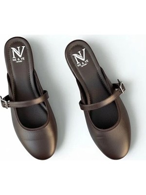 Ne&Ve Shoes Kahve Deri Tek Bantlı Kadın Sabo Sandalet