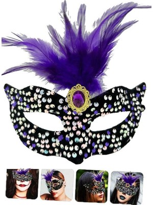 Nexgen Siyah Kadife Üzeri Rengarenk Payetli Pullu Mor Tüylü Mor Taşlı Parti Maskesi 19X21 cm