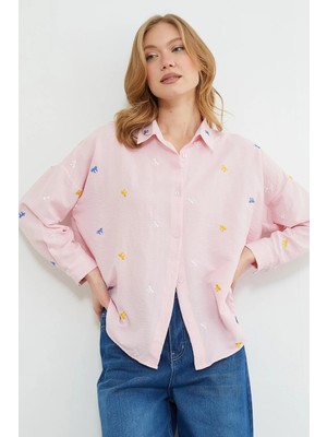 FullaModa Fiyonk Nakışlı Oversize Gömlek