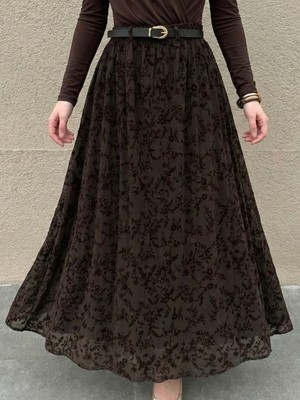 Foremia Flok Baskı Tül Etek-Kahve -