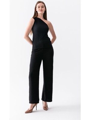 Wega Moda Yazlık Gofre Kumaş Tek Kol Asimetrik Bluz Bol Pantolon Takım Rahat Kesim Kombin -  Alt Üst Takım