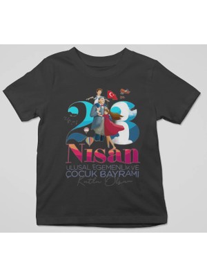 Ontunew Bisiklet Yaka Pamuklu Kısa Kollu 23 Nisan Baskılı Erkek ve Kız Çocuk T-Shirt