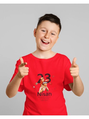 Ontunew 23 Nisan Baskılı Bisiklet Yaka Pamuklu Kısa Kollu Erkek ve Kız Çocuk Tişört