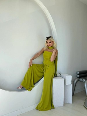 Fehu Bloom Straplez Bluz Geniş Paça Pantolon Takım Yeşil