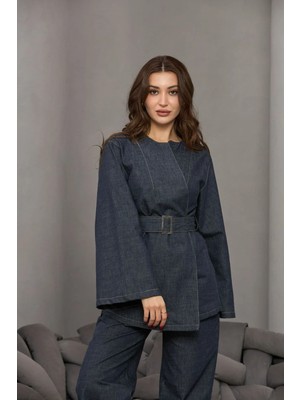 Fehu Bloom Kot Görünümlü Beli Kemerli Takım Lacivert