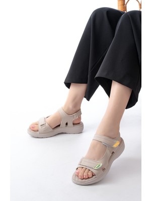 Zerenyus ZRİN-363 Premium Bej Baretli Cırtlı Dikişli Günlük Kadın Sandalet