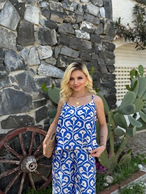 Fehu Bloom Jakarlı Askılı Bluz Pantolon Takım Mavi