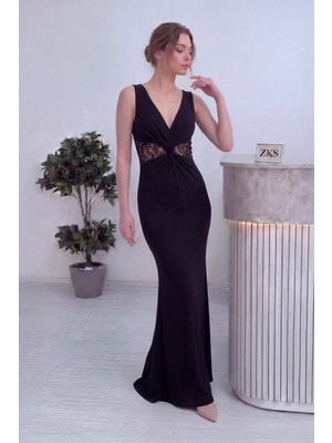 The Zks-Kadın Dantel Detaylı Büzgülü Uzun Abiye Siyah, Beyaz Nikah