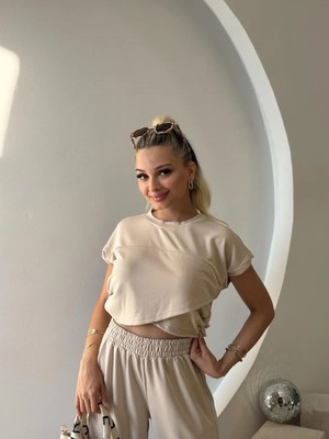 Fehu Bloom Bej Asimetrik Kesim Crop Pantolon Takım