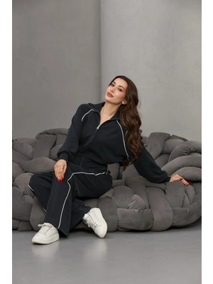 Fehu Bloom Biye Detaylı Beli Lastikli Eşofman Takımı Siyah
