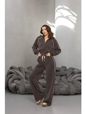 Fehu Bloom Biye Detaylı Beli Lastikli Eşofman Takımı Kahverengi