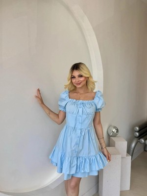 Fehu Bloom Kabarık Kol ve Düğme Detaylı  Elbise Mavi