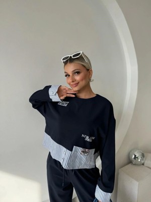 Fehu Bloom Lacivert Çizgi Detaylı Sweat Pantolon Takım