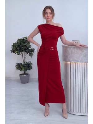 The Zks- Kadın Düşük Omuz Bel Aksesuarlı Midi Boy Elbise Kırmızı, Siyah