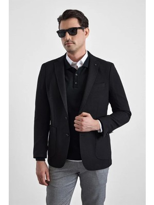 Süvari Siyah Slim Sivri Yaka Torba Cep 6 Drop Klasik Ceket