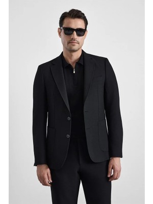 Süvari Siyah Slim Mono Yaka Düz Torba Cep 6 Drop Takım Elbise