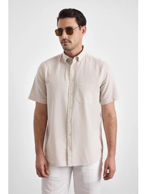 Süvari Bej Regular Düğmeli Yaka Düz Casual Gömlek