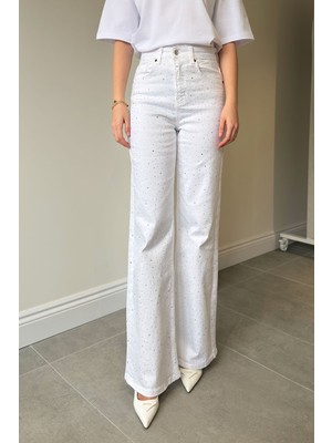 Magarde Taş Detaylı Wide Leg Jean- Beyaz