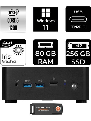 MSI Msı Cubi Nuc Intel Core 5 120U 80GB 256GB SSD W11H Mini Masaüstü Bilgisayar & Per4 USB Bellek 1MG238BEUP381