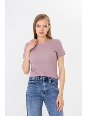 Hdm Kadın Mor Kısa Kollu Fitilli Basic Bisiklet Yaka Tişört - H6037