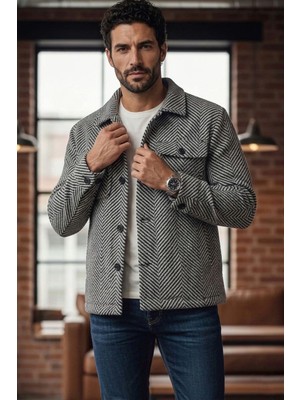 Zueofficial Erkek Kaşe Dokulu Balıksırtı Desenli Siyah Çizgili Ceket