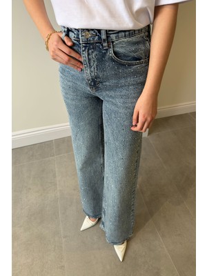 Magarde Wideleg Bol Paça Taşlı Jean- Mavi