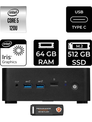 MSI Msı Cubi Nuc Intel Core 5 120U 64GB 512GB SSD Fdos Mini Masaüstü Bilgisayar & Per4 USB Bellek 1MG238BEUP332