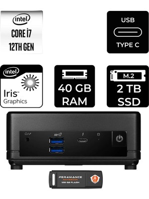 MSI Msı Cubi 5 Intel Core I7 1255U 40GB 2tb SSD Fdos Mini Masaüstü Bilgisayar & Per4 USB Bellek 12M001BEUP339