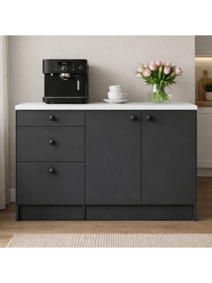 T Designo Roya Alt Modül-Çok Amaçlı Dolap -130 cm -2 Kapaklı-3 Çekmeceli-Laminat Beyaz Tezgah Dahil