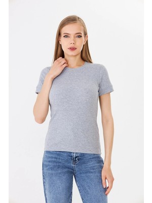 Hdm Kadın Gri Kısa Kollu Fitilli Basic Bisiklet Yaka Tişört - H6037