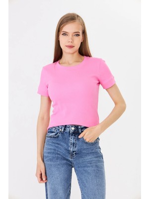 Hdm Kadın Pembe Kısa Fitilli Kollu Basic Bisiklet Yaka Tişört - H6037