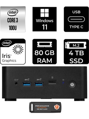 MSI Msı Cubi Nuc Intel Core 3 100U 80GB 4tb SSD W11P Mini Masaüstü Bilgisayar & Per4 USB Bellek 1M003EUP430