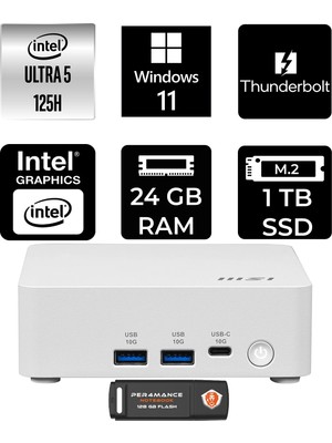 MSI Msı Cubi Nuc Intel Core Ultra 5 125H 24GB 1tb SSD W11H Mini Masaüstü Bilgisayar & Per4 USB Bellek 1UMG062EUP358